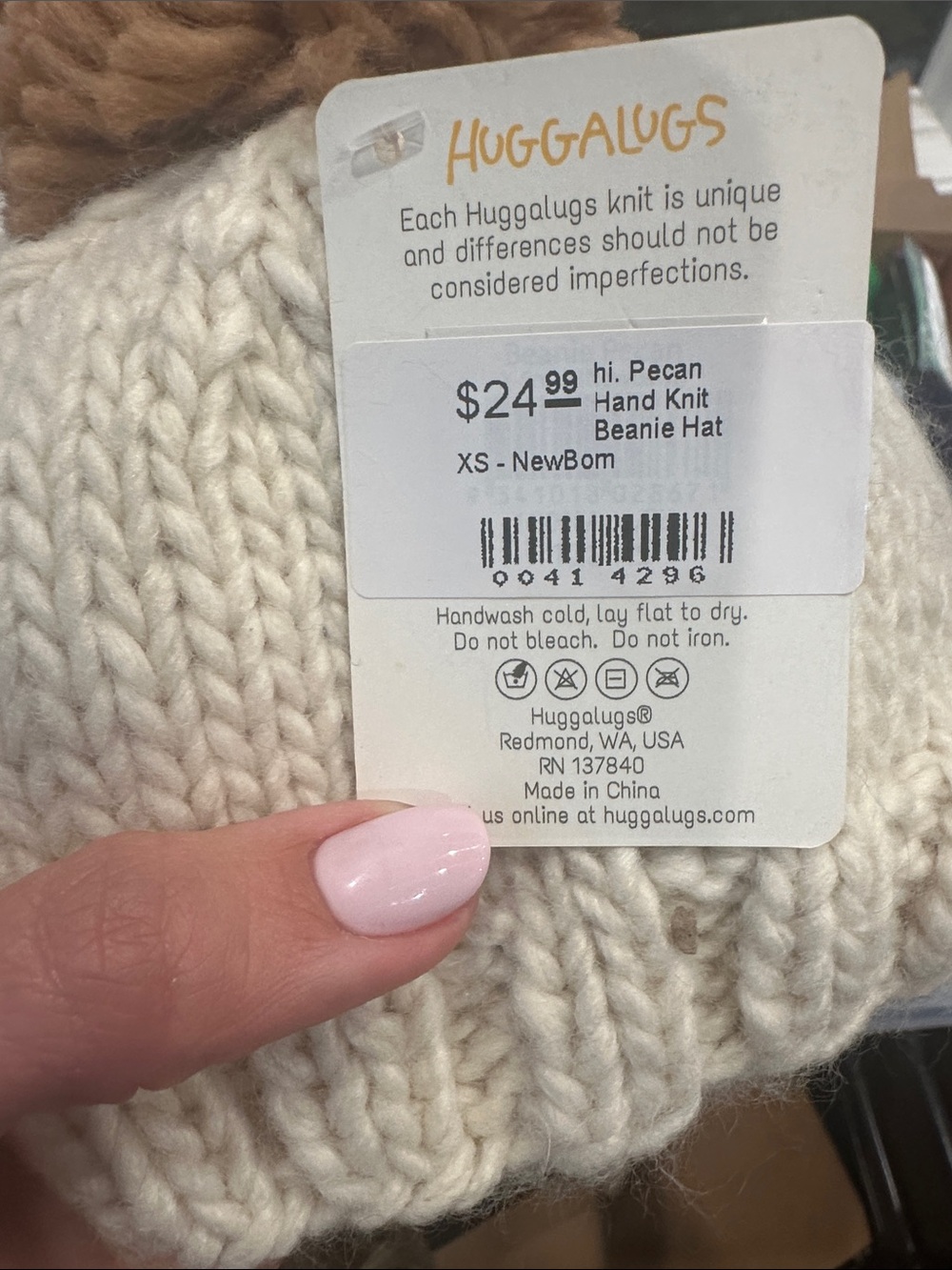 Cozy Knit Pom-Pom Beanie for Newborns - Cream and Brown - Picture 2 of 2